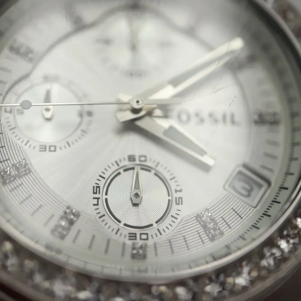 Fossil Decker Silver Tone 37mm Chronograph Watch Jewel Steel ES2681 New Battery